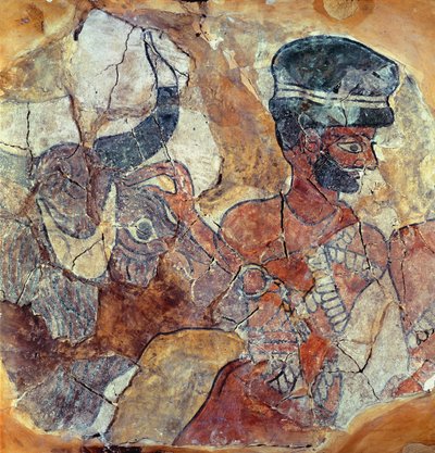 Un sacerdote llevando un toro al sacrificio, del Palacio de Zimri-Lim, Mari, Medio Éufrates de Mesopotamian